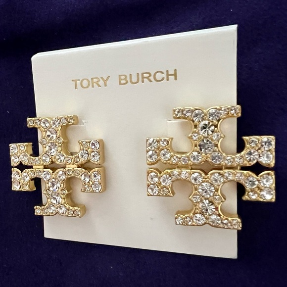 Tory Burch Authentic Kira Crystal Pave Tory Logo Gold Bold Stud Earrings - Picture 10 of 13